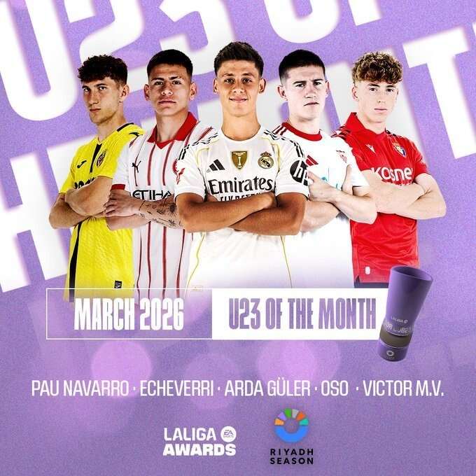 皇马新星居莱尔领跑西甲3月U23候选名单，纳瓦罗